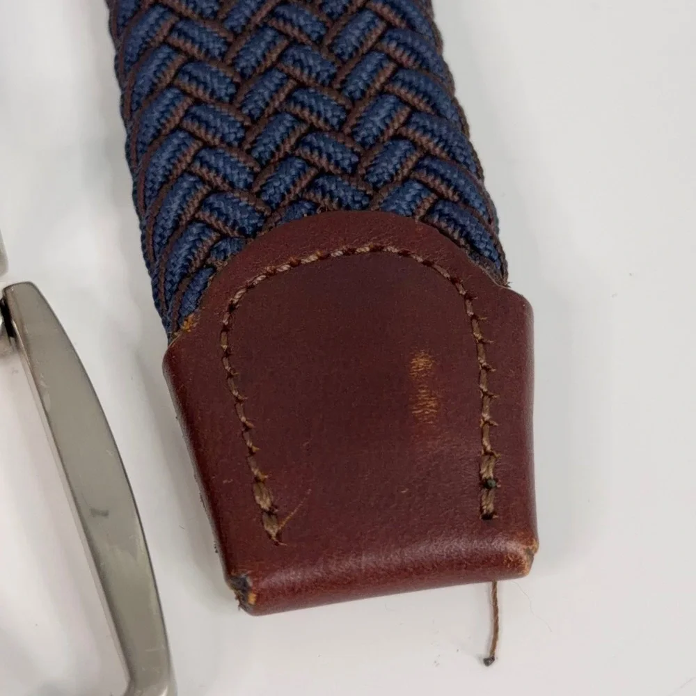 Tommy Bahama Belt Mens L/XL Blue Brown Braided Woven Leather Trim Casual Coastal
